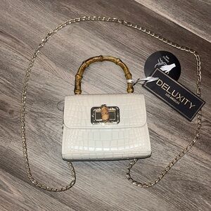 Tiny plastic and metal, bamboo purse with removable gold chain strap NWT